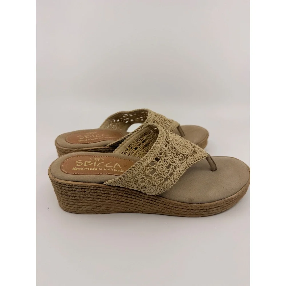 Sbicca Tan Crochet Platform Wedge Sandals Boho Thong Hand Made California Mens 7